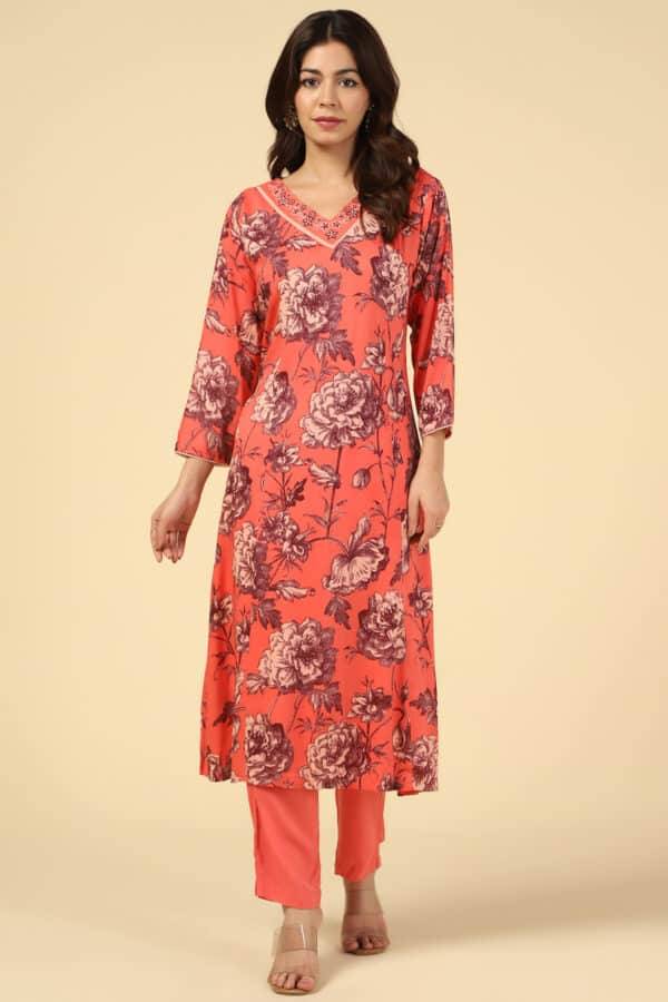 Coral Embroidered Straight Cut Kurti