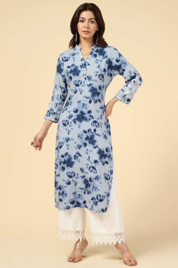 Blue Printed Rayon Slub Kurti
