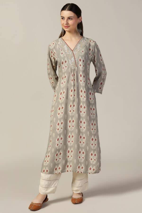 Grey Printed Rayon Kurti