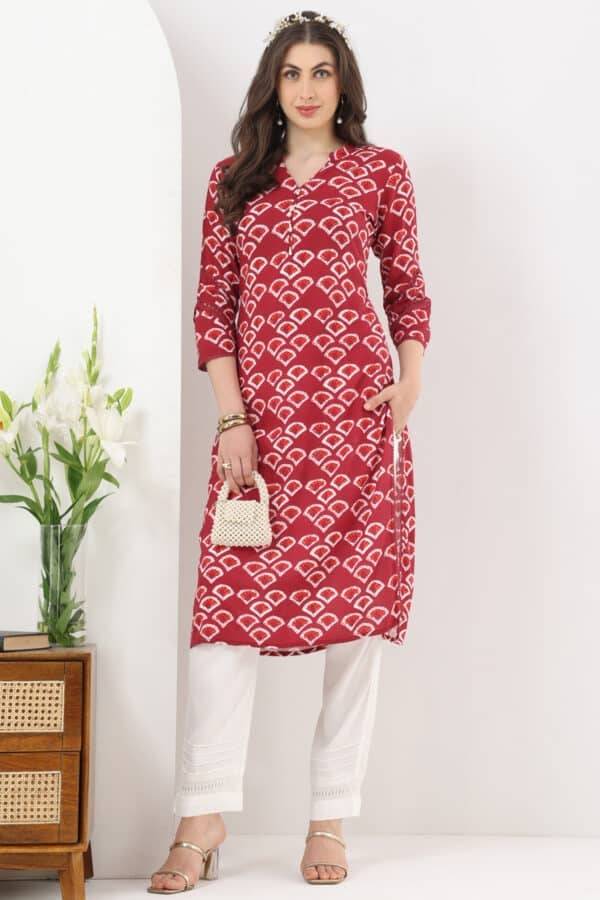 Maroon Printed Rayon Kurti with Mandarin Collar