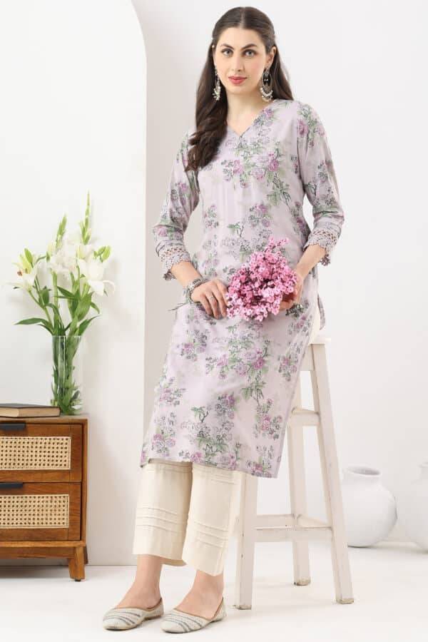 Lilac Printed Rayon Kurti with V-Neck