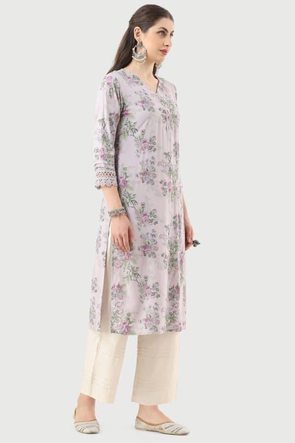 Lilac Printed Rayon Kurti with V-Neck