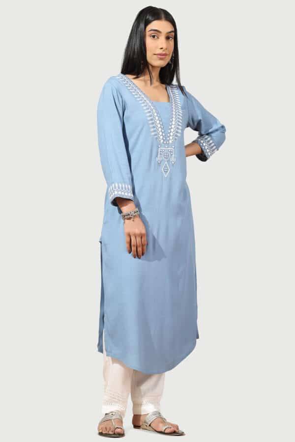 Vintage Blue Embroidered Rayon Slub Kurti with Square Neck