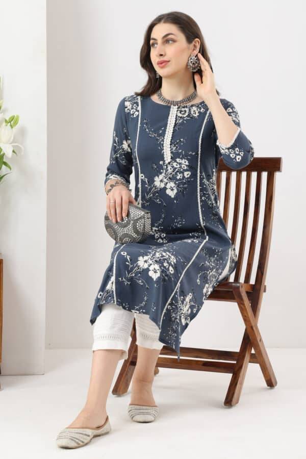 Grey Printed Rayon Kurti with 3/4th Sleeves