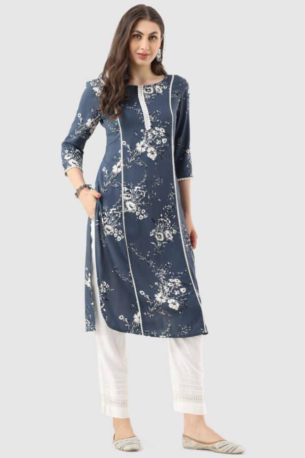Grey Printed Rayon Kurti with 3/4th Sleeves