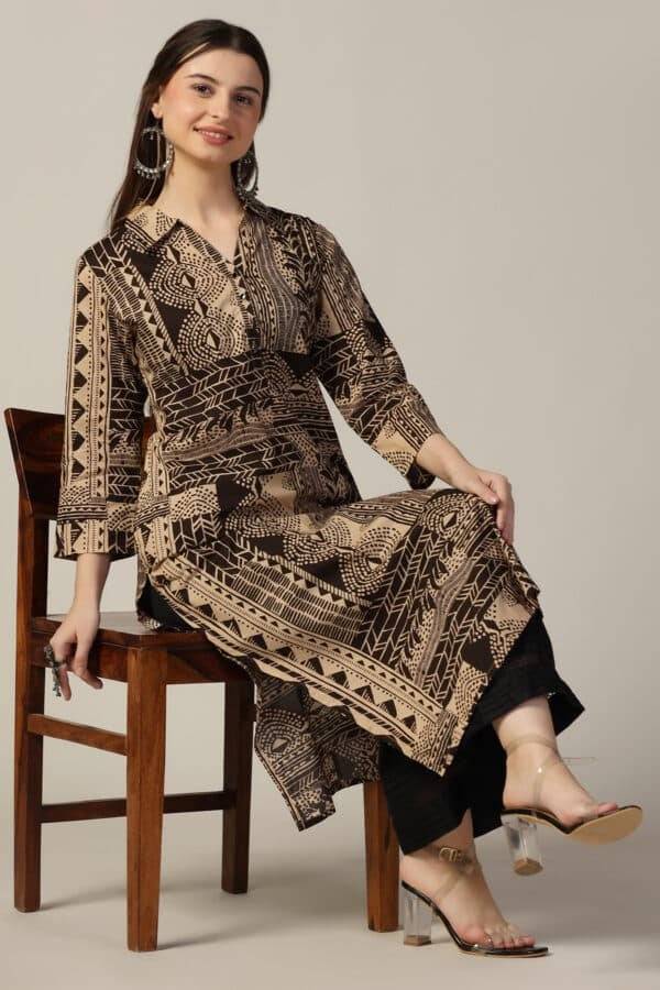 Beige & Brown Printed Cotton Kurti