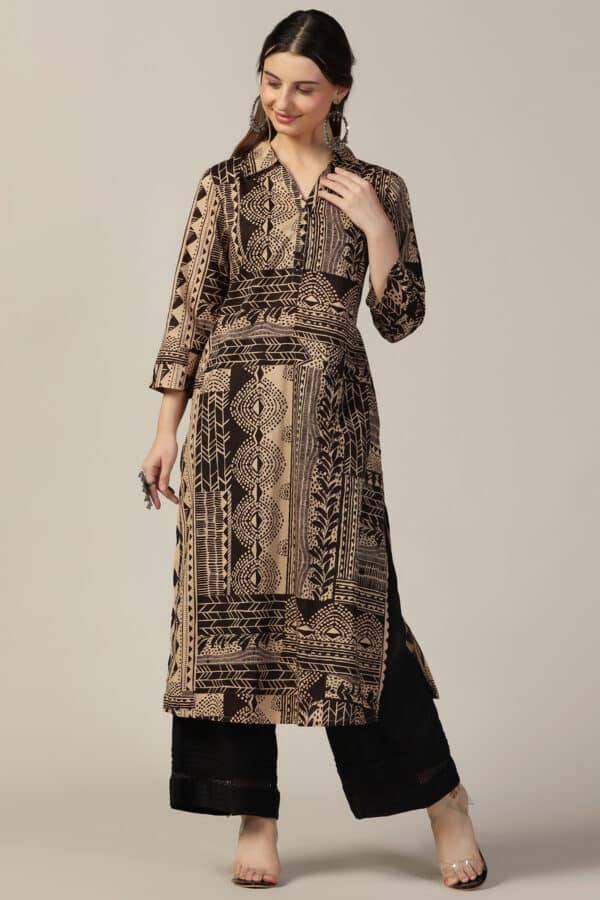 Beige & Brown Printed Cotton Kurti