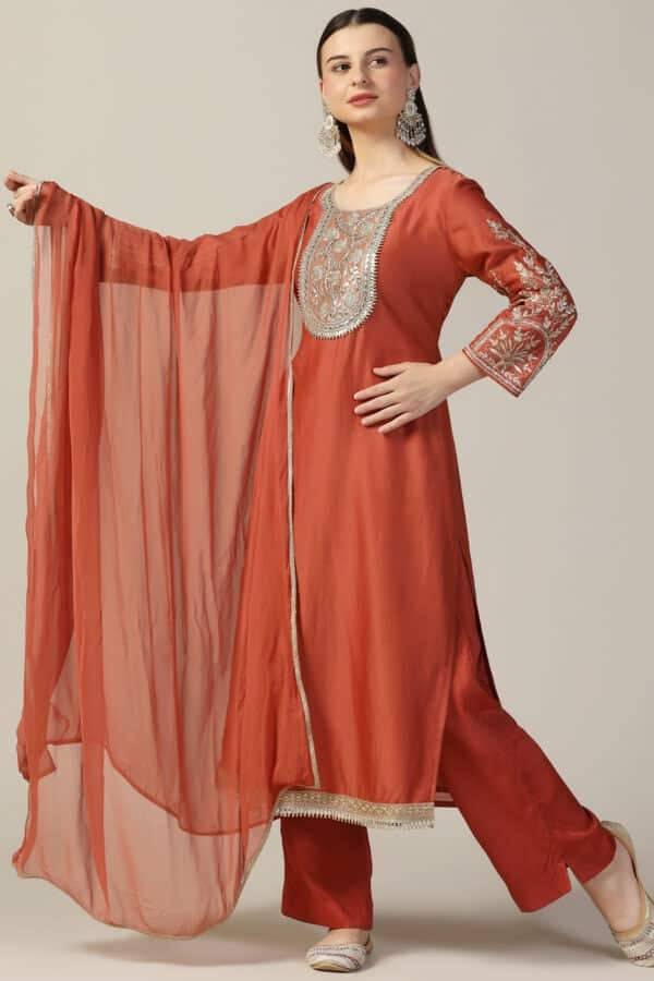 Rust Embellished Nylon Chanderi Kurti