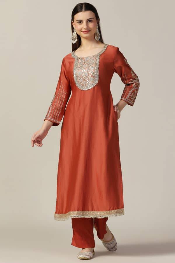 Rust Embellished Nylon Chanderi Kurti
