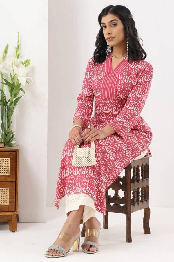 Coral Red Printed Rayon Kurti with Mandarin Collar