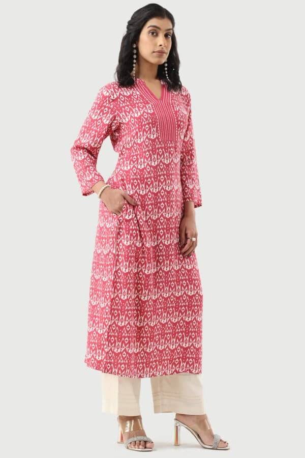 Coral Red Printed Rayon Kurti with Mandarin Collar