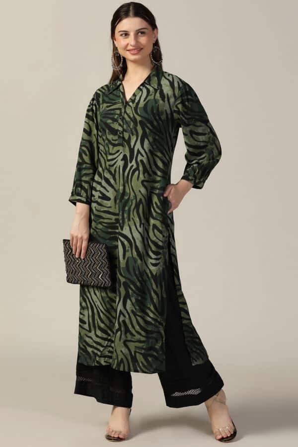 Green Printed Rayon Collared Kurti