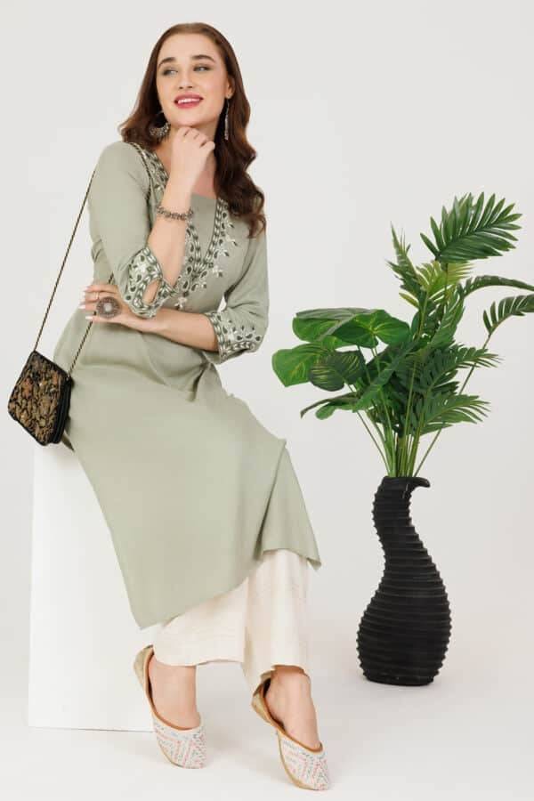 Sage Green Embroidered V-Neck Kurti