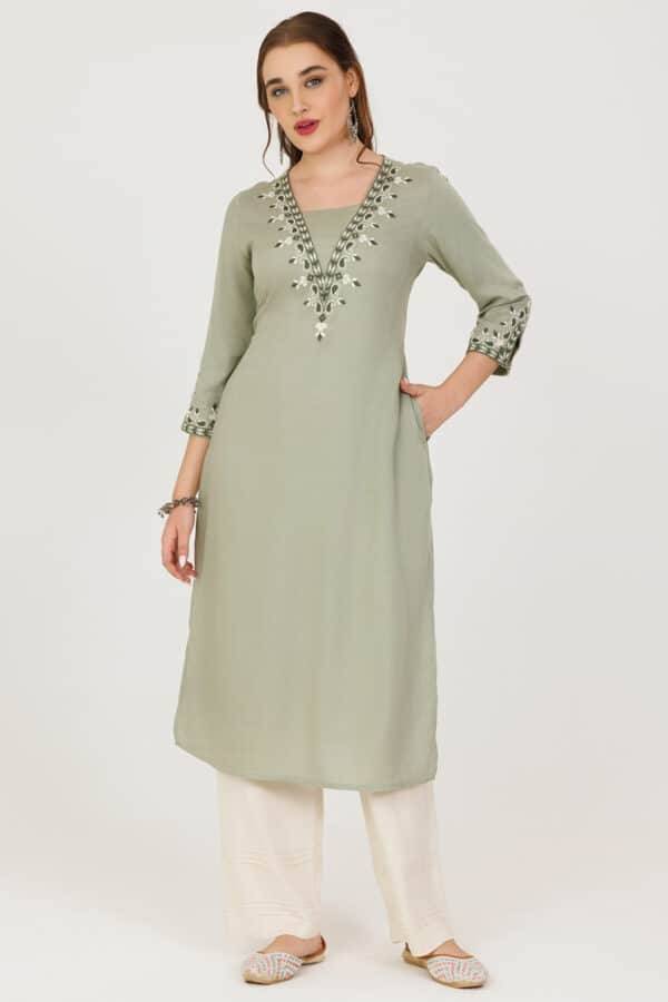 Sage Green Embroidered V-Neck Kurti