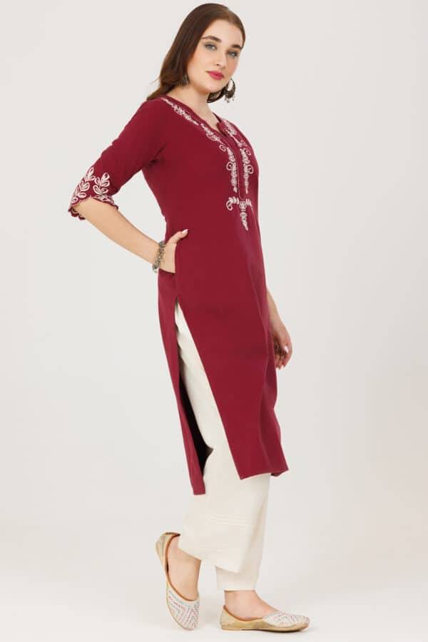 Embroidered Winter Kurti in Maroon Grace