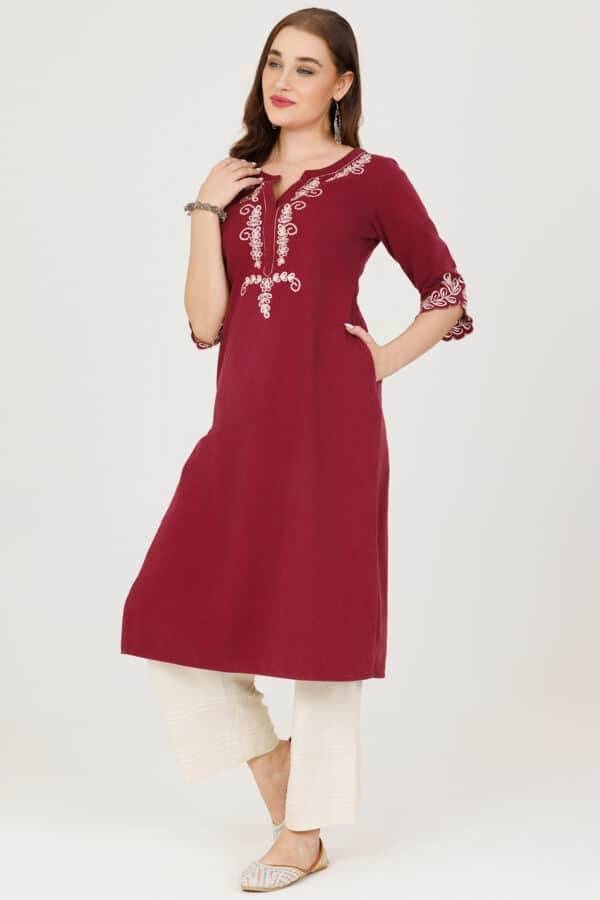 Embroidered Winter Kurti in Maroon Grace
