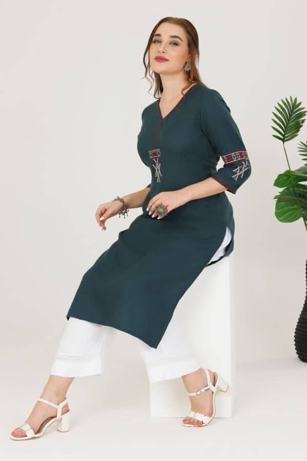 Teal Green Embroidered Pashmina Winter Kurti