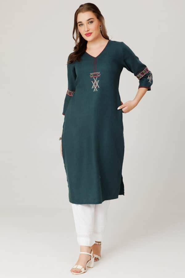 Teal Green Embroidered Pashmina Winter Kurti