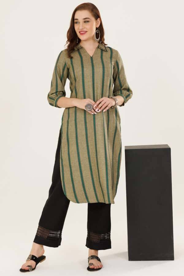 Green Striped Winter Kurti in Pashmina with Collared Neck