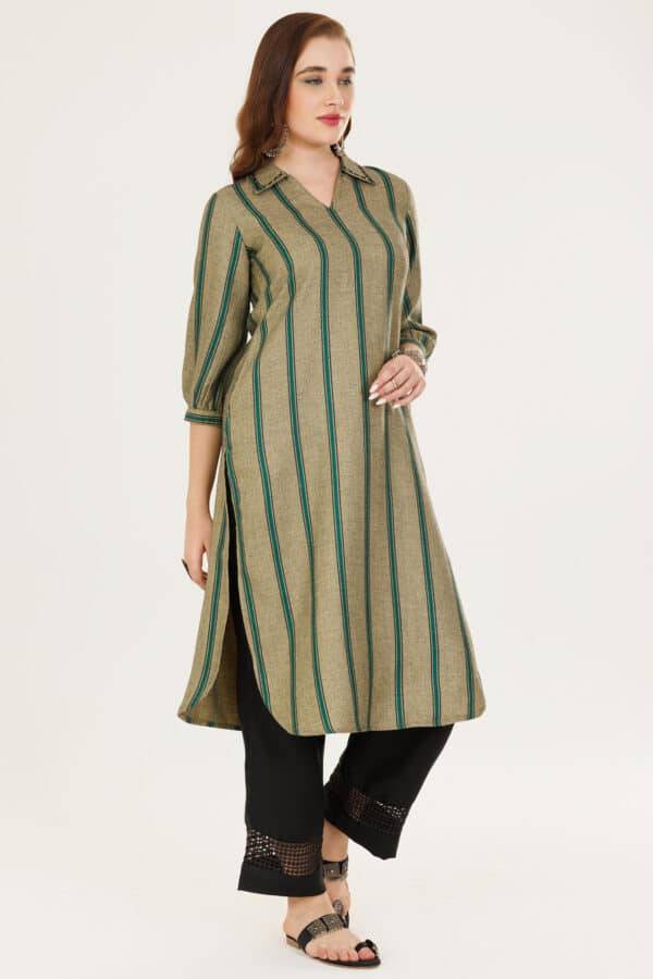 Green Striped Winter Kurti in Pashmina with Collared Neck
