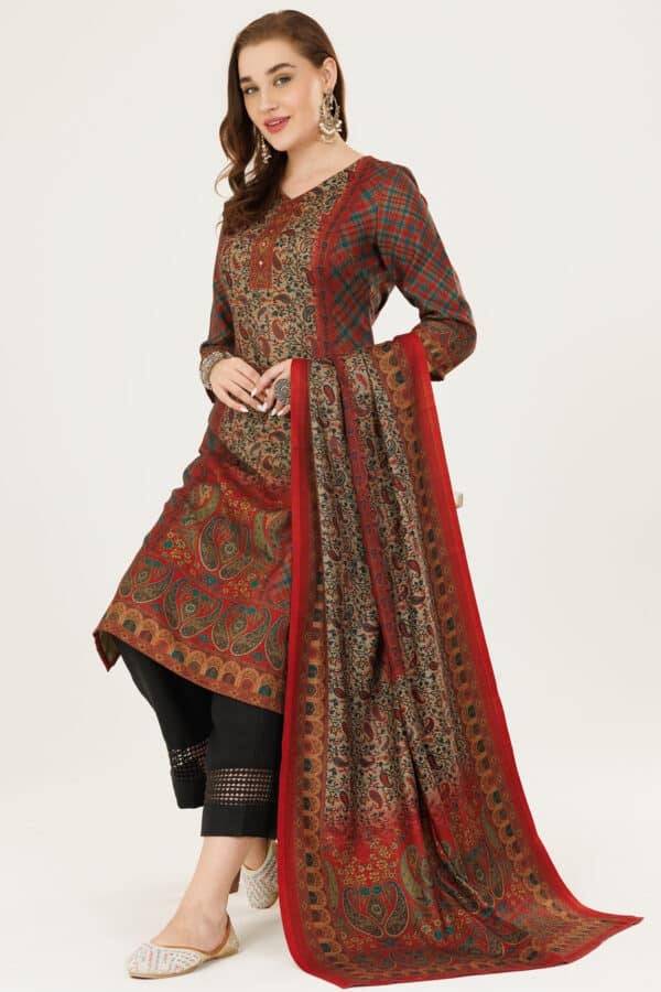 Dark Red Printed Winter Kurti in Pashmina with V-Neck