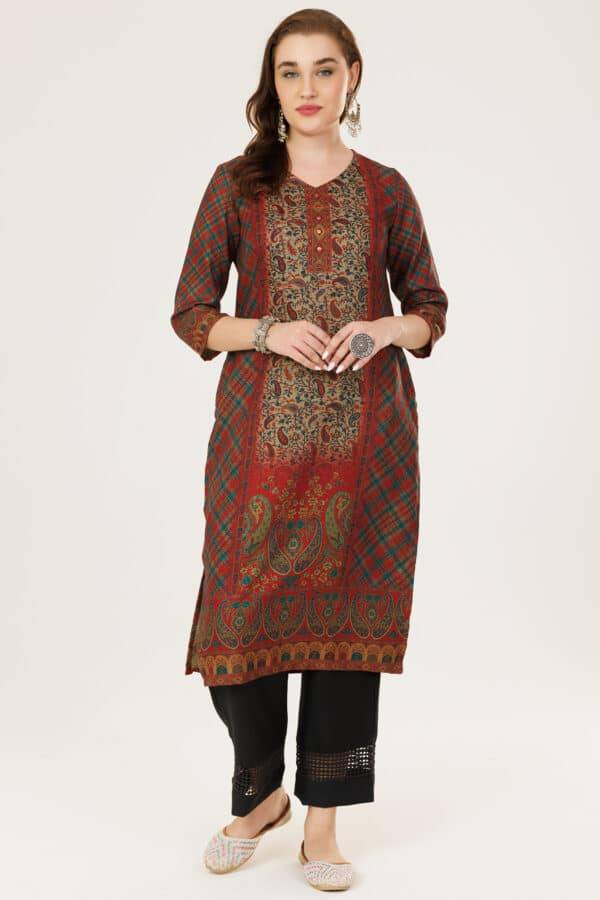 Dark Red Printed Winter Kurti in Pashmina with V-Neck