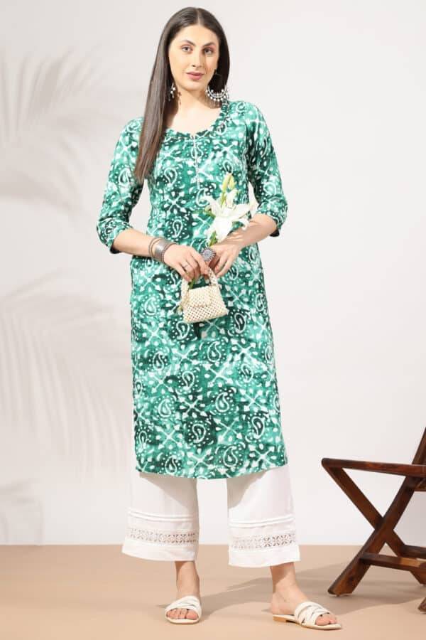 Green Printed Rayon Kurti with Round Neck