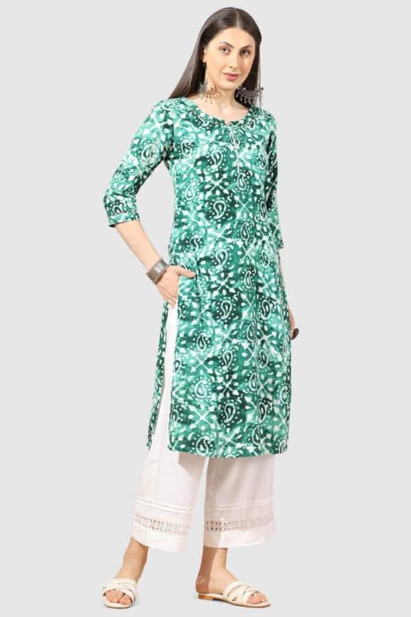 Green Printed Rayon Kurti with Round Neck