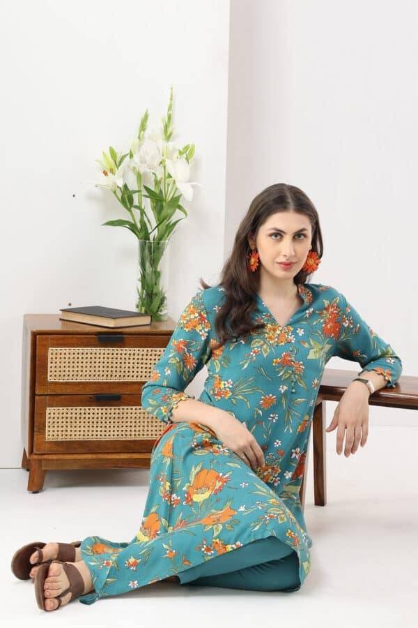 Turquoise Printed Rayon Kurti with Mandarin Collar