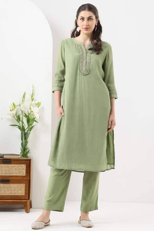 Forest Green Embroidered Nylon Crepe Kurti