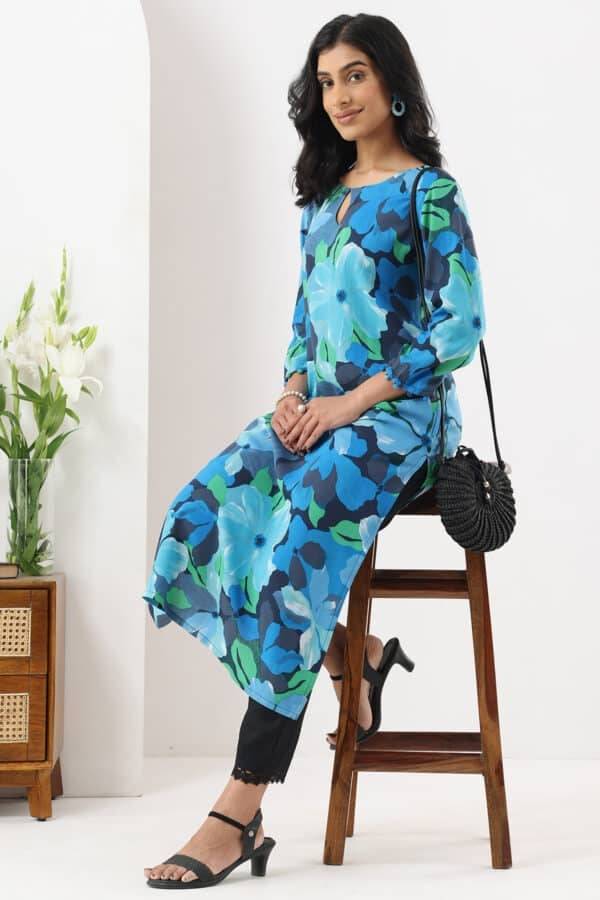 Blue Printed Modal Rayon Kurti with Keyhole Neck