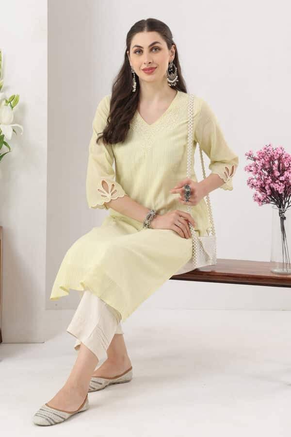 Lemon Yellow Embroidered Cotton Kurti with V-Neck