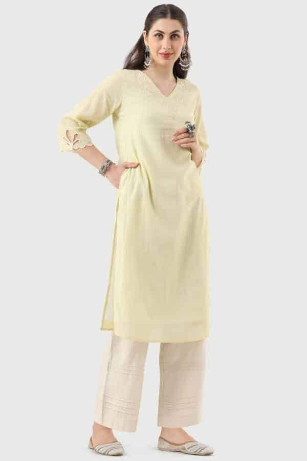 Lemon Yellow Embroidered Cotton Kurti with V-Neck