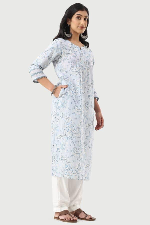 Powder Blue Printed Cotton Cambric Kurti