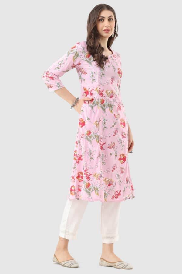 Pink Printed Rayon Kurti with 3/4th Sleeves and Round Neck