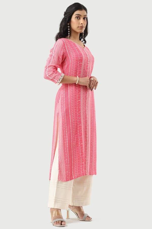 Pink Printed Moss Crepe Kurti with V-Neck