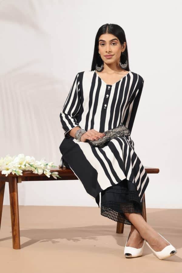 Black & White Striped Rayon Kurti