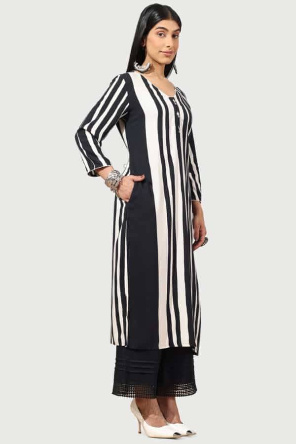 Black & White Striped Rayon Kurti