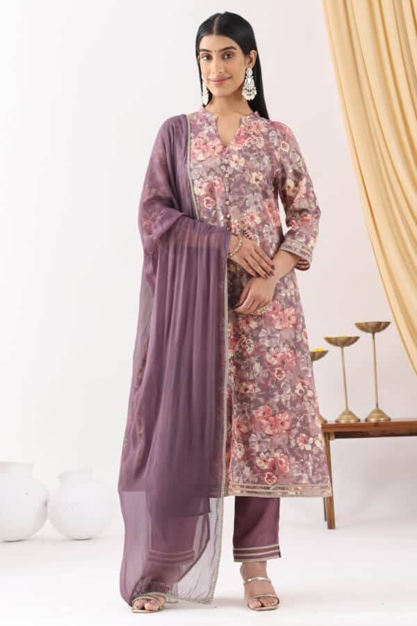 Mauve Printed Ensemble Kurti in Rayon Silk Shimmer