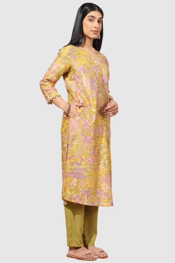Olive Green Printed Chanderi Kurti