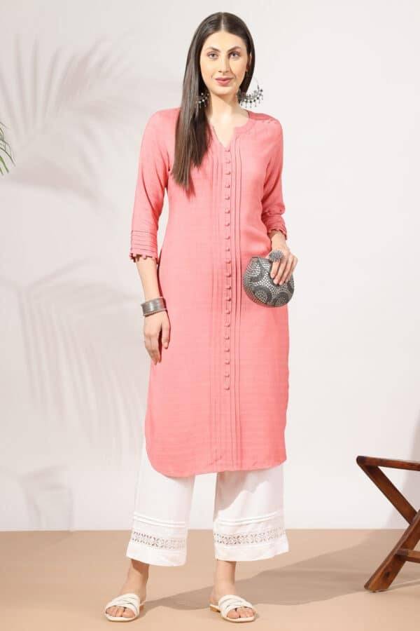 Peach Rayon Dobby Kurti with Round Neck & 3/4th Sleeves