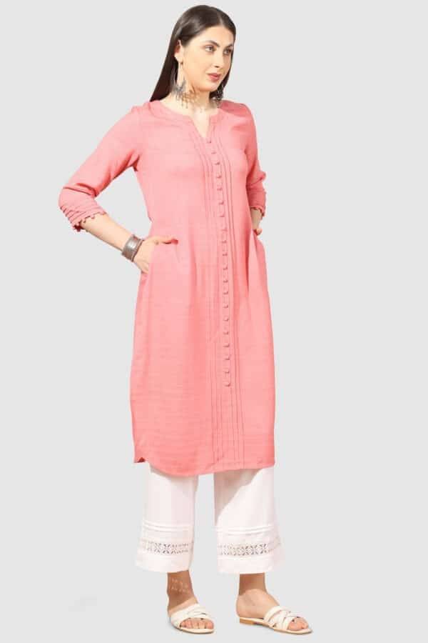 Peach Rayon Dobby Kurti with Round Neck & 3/4th Sleeves