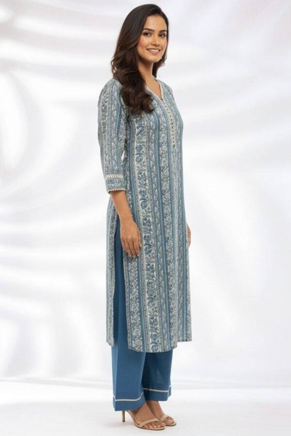 Blue Printed Modal Kurti with V-Neck