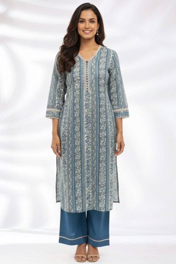 Blue Printed Modal Kurti with V-Neck