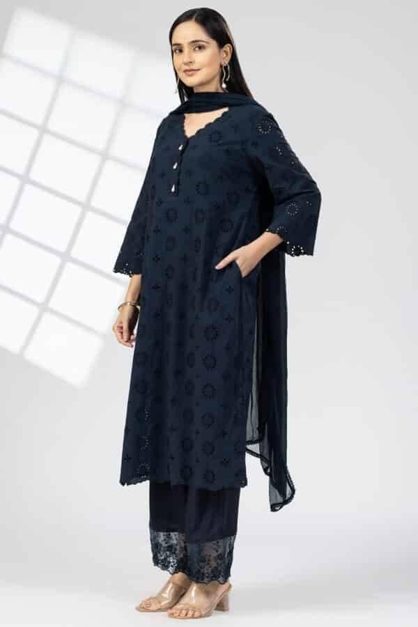 Embroidered Navy Blue Tencel Twill Palazzo Pant