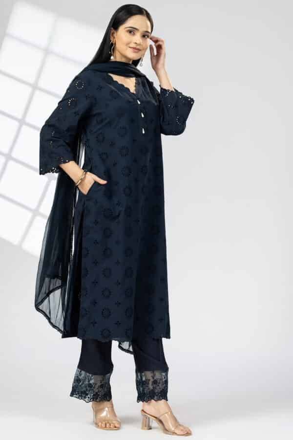 Navy Blue Schiffli Embroidered Kurti