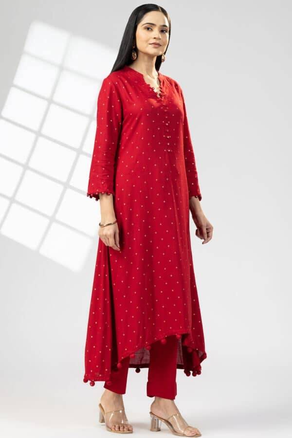 Red Foil Print Rayon Slub Kurti with Mandarin Collar