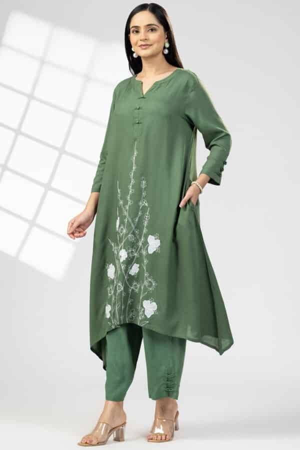 Green Solid Rayon Slub Palazzo