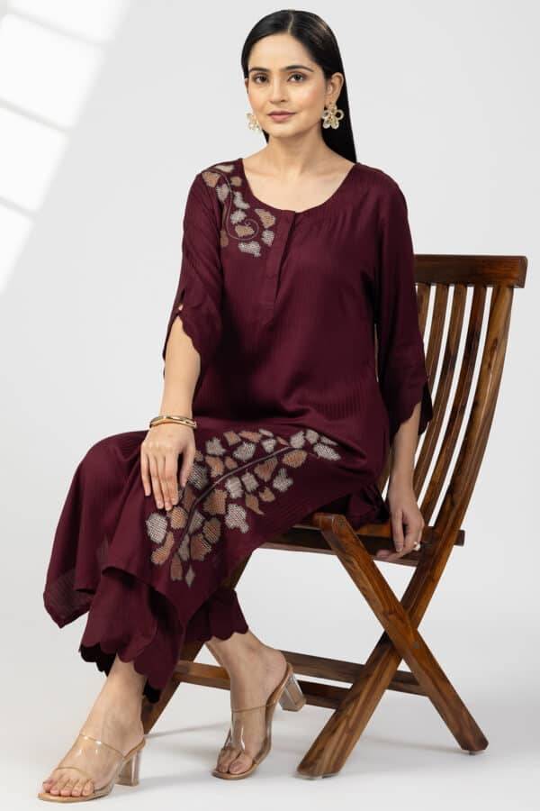 Plum Embroidered Viscose Dobby Stripe Kurti