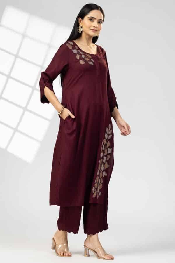 Plum Embroidered Viscose Dobby Stripe Kurti